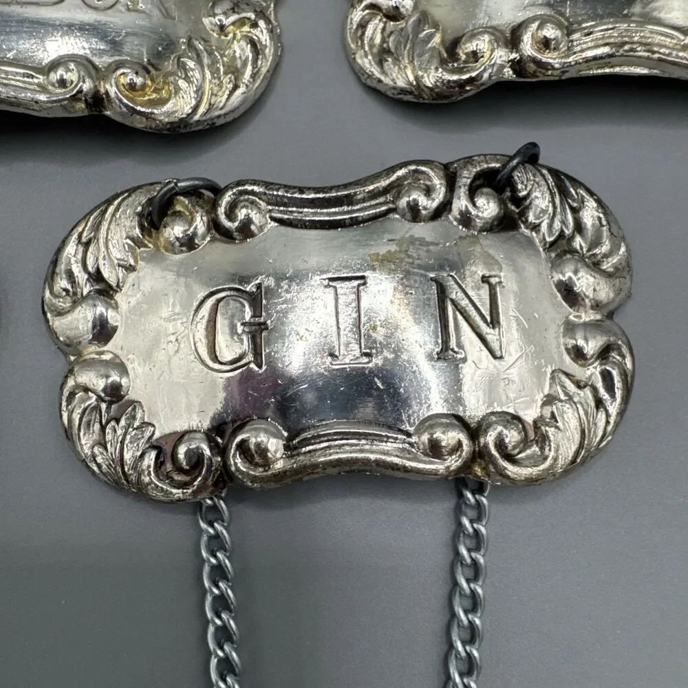 Vintage MC Delli Inc Silver Plate Decanter Liquor Tags Labels Set of 5 Japan